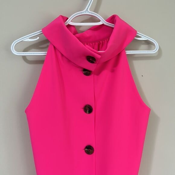 Sail To Sable Neon Pink Rolled Neckline Sheath Dress W/ Large Back Buttons - Picture 5 of 11